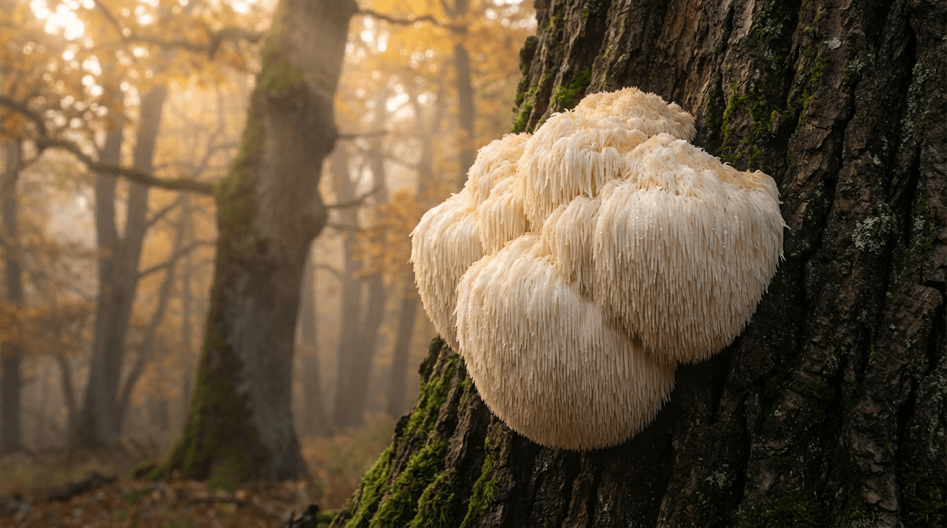 Ежовик гребенчатый (Hericium erinaceus) растёт на стволе дерева в туманном осеннем лесу