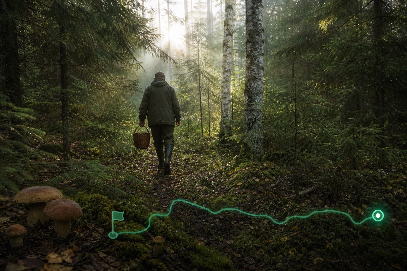A mushroom forager with a basket walking through a misty morning forest, a glowing track line with an entry-point flag on the ground