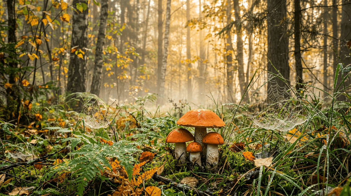 Подосиновики в осеннем лесу ранним утром — туман, роса на паутине, золотой свет