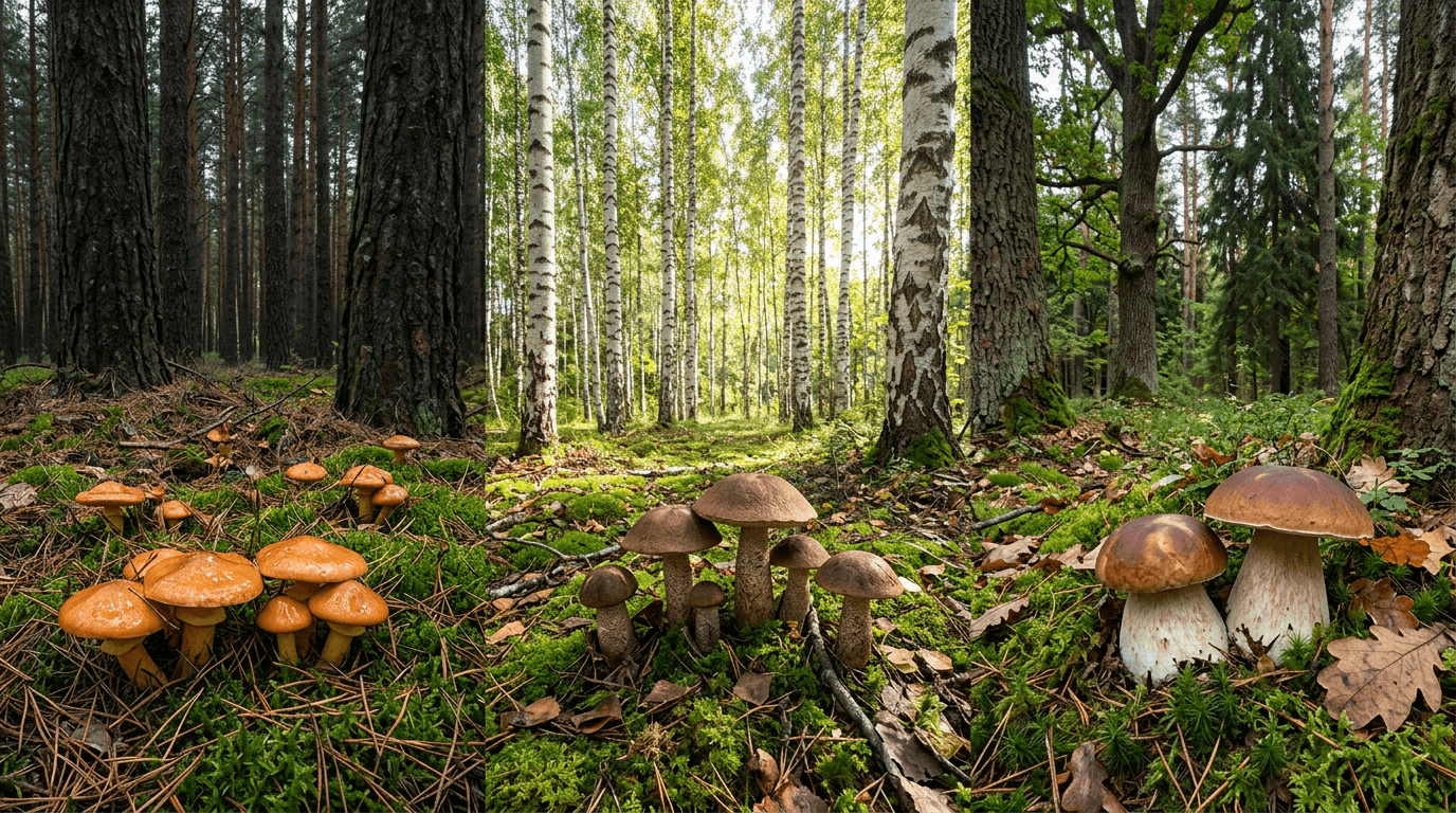 Mushrooms in different forest types — slippery jacks under pines, birch boletes near birches, king boletes in mixed woodland